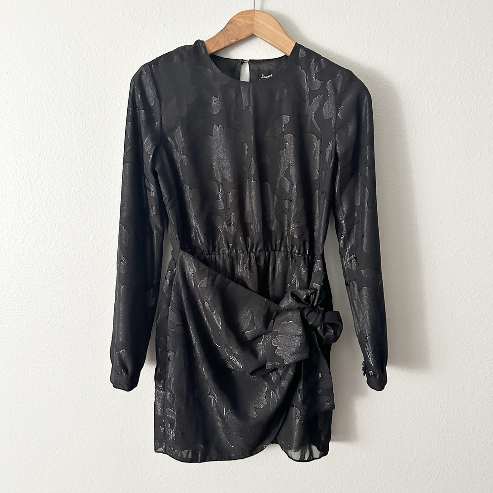 Revolve Bardot Ariela Metallic Sheer Drape Faux Wrap Mini Dress size medium